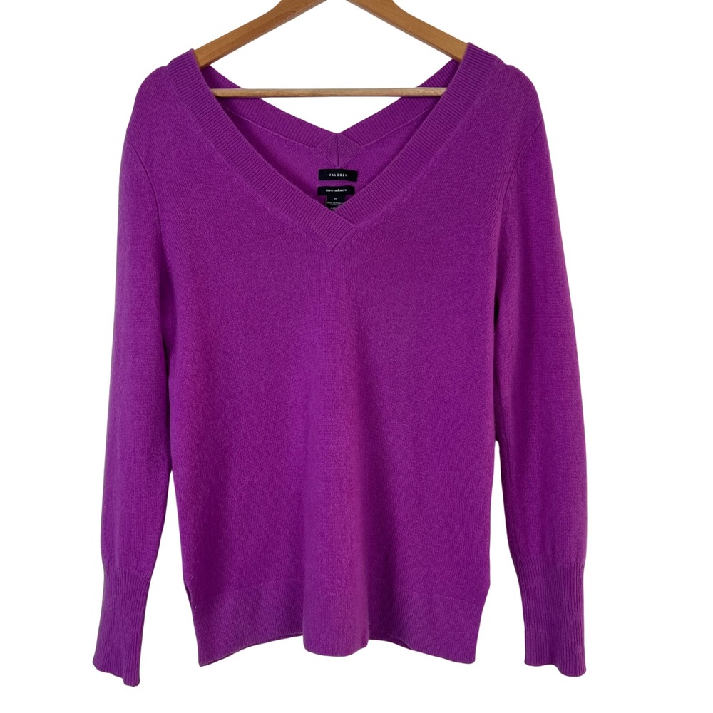 Halogen‎ Womens 100% Cashmere V-Neck Sweater Magenta Purple Size M Long Sleeve